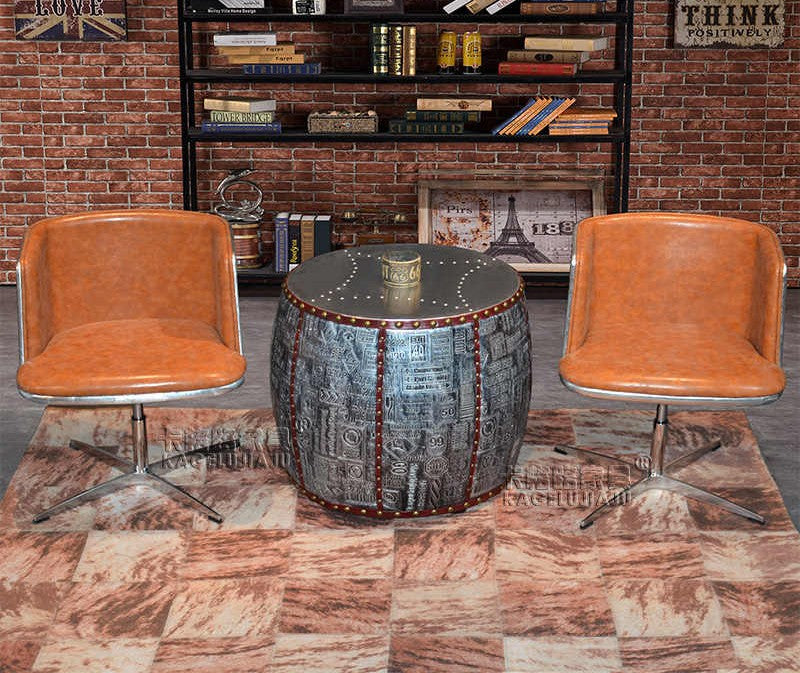 Industrial Vintage Barrel Side Table – American LOFT Style Metal Rivet Accent Table with Embossed Pattern, Round Bar Height Table
