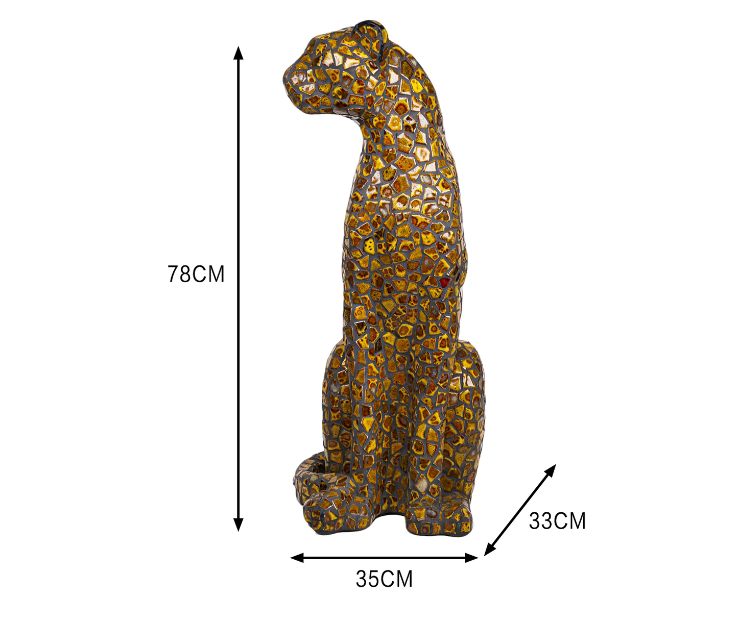 Premium Golden Leopard Print Mosaic Sculpture – Hand-Applied Ceramic Tile Art with Majestic Sitting Pose, Luxury Wildlife Statement Piece