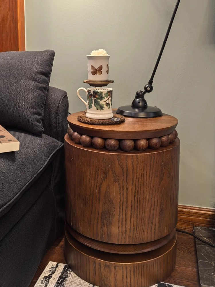 Vintage Solid Wood Accent Side Table, Coco Smoked Brown, Designer Bead Round Stool/End Table