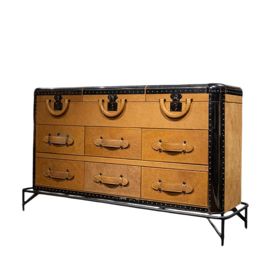 Vintage Leather Wrapped 7-Drawer Dresser, Trunk Style Storage Cabinet with Metal Trim, Strap Handles and Raised Base, Retro Accent Chest for Entryway, Living Room, Bedroom, Hallway, Office