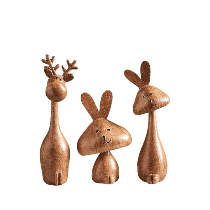 Faux Wood Grain Deer and Rabbit Figurine Set of 3, Family Decor
