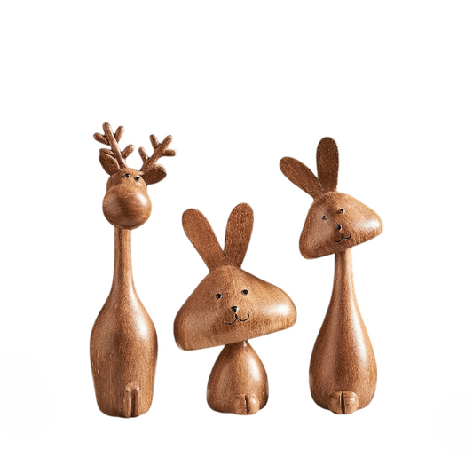 Faux Wood Grain Deer and Rabbit Figurine Set of 3, Family Decor
