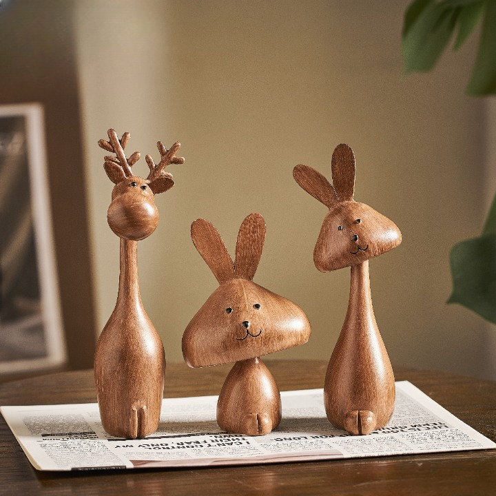 Faux Wood Grain Deer and Rabbit Figurine Set of 3, Family Decor