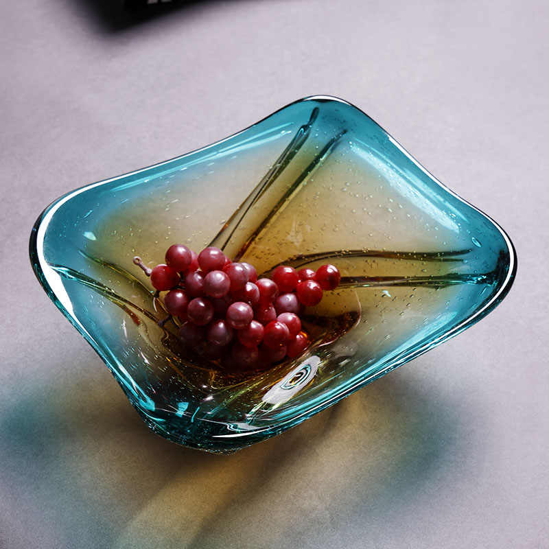 Luxury Modern Gradient Glass Square Fruit Bowl, Contemporary Teal to Amber Crystal Serving Dish for Living Room, Creative Home Décor Snack Plate