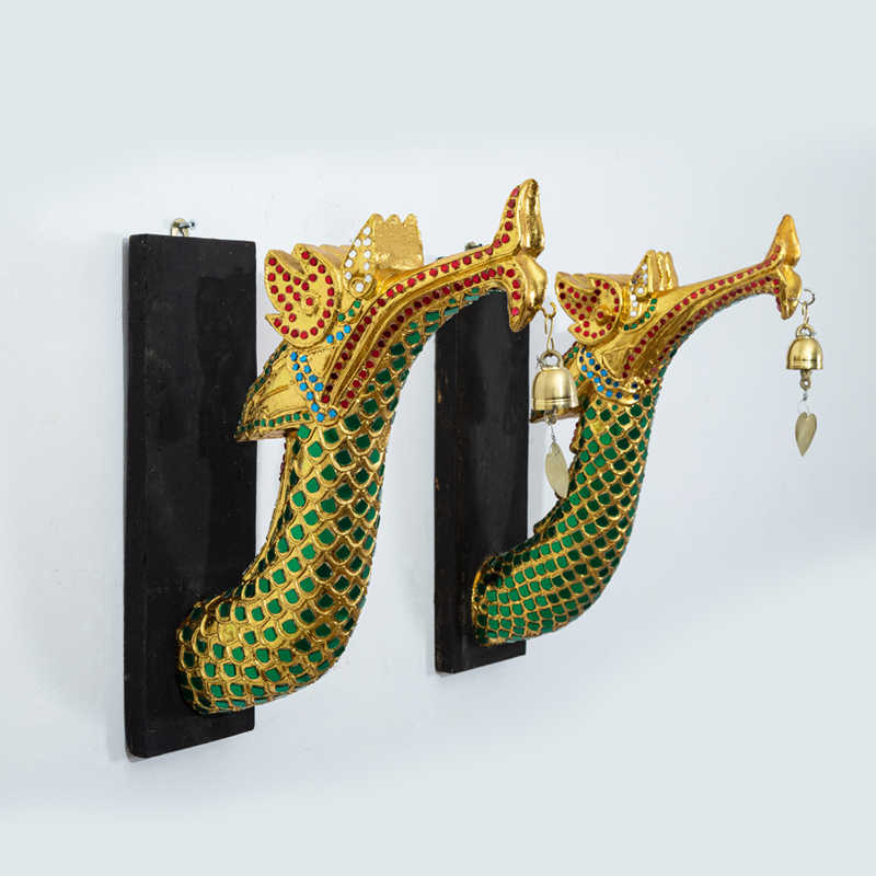 Thai Dragon Naga Wall Sculpture Set with Hanging Bells, Authentic Southeast Asian Temple Art for Spa & Hotel Decor,