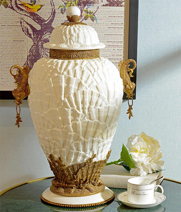 White Porcelain Brass Shell Ginger Jar – Dragon Handle Lidded Urn for Entryway, Bar Cabinet, and Luxury Home Decor