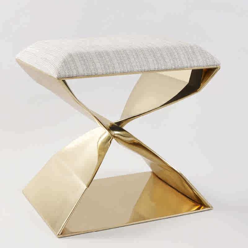 Modern Designer Gold Twisted Metal Stool with Boucle Upholstery – Luxury Contemporary Accent Seat for Living Room, Vanity & Entryway