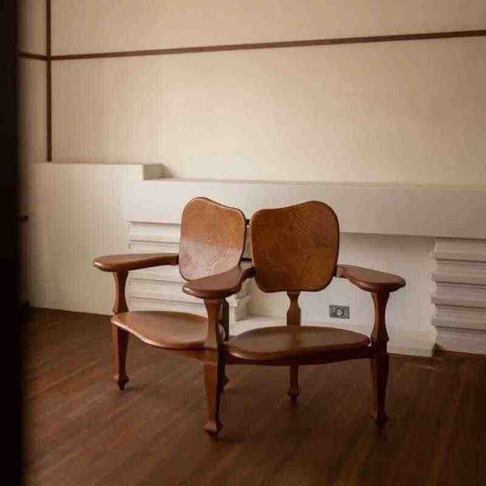 Vintage Spanish Teak Wood Double Bench, Minimalist Designer Carved Armchair, Retro Two-Seater for Living Room, Handcrafted Antique Furniture