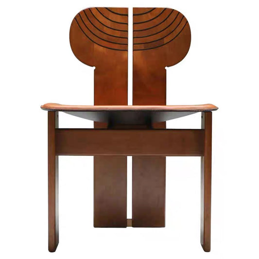 African-Inspired Solid Wood Dining Chair – Sculptural Backrest Design with Leather Seat, Contemporary Luxury Chair for Dining Room, Restaurant, Modern Home