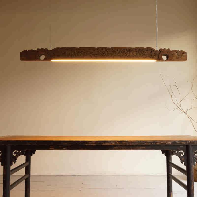 Antique Carved Wood LED Pendant Light, Creative Upcycled Beam Lamp for Study & Boutique, Handcrafted Statement Lighting
