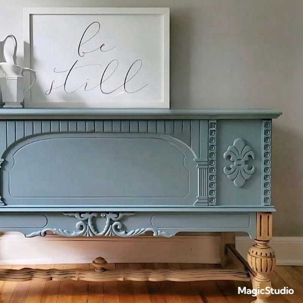 Light Luxury Blue Entryway Sideboard – Villa Entry Cabinet, Solid Wood Accent Buffet, Neoclassical Carved Storage Sideboard