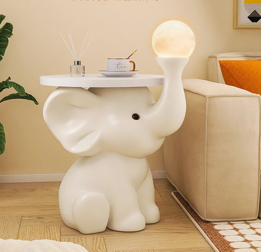 Elephant Side Table with LED Light, Modern Cream White Resin Animal Accent Table for Living Room