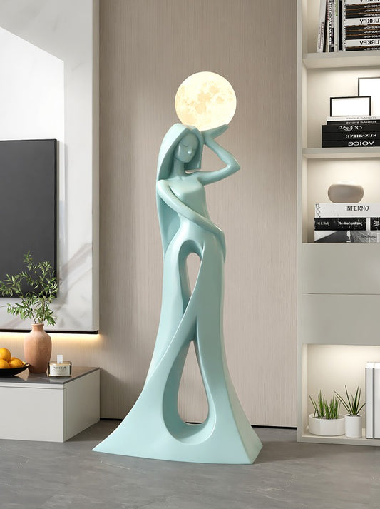 Large Abstract Moon Goddess Floor Lamp Sculpture, Contemporary Art Teal Figure with LED Lighting for Living Room