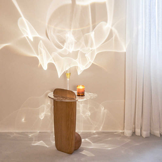 Designer Solid Wood & Wave Glass Side Table, Modern Minimalist End Table for Living Room & Sofa