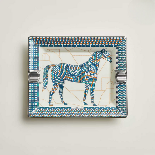 Porcelain Horse Decor Ashtray, Luxury Cobalt Blue Ceramic Tray, Modern Geometric Square Trinket Holder for Living Room, Gift Box