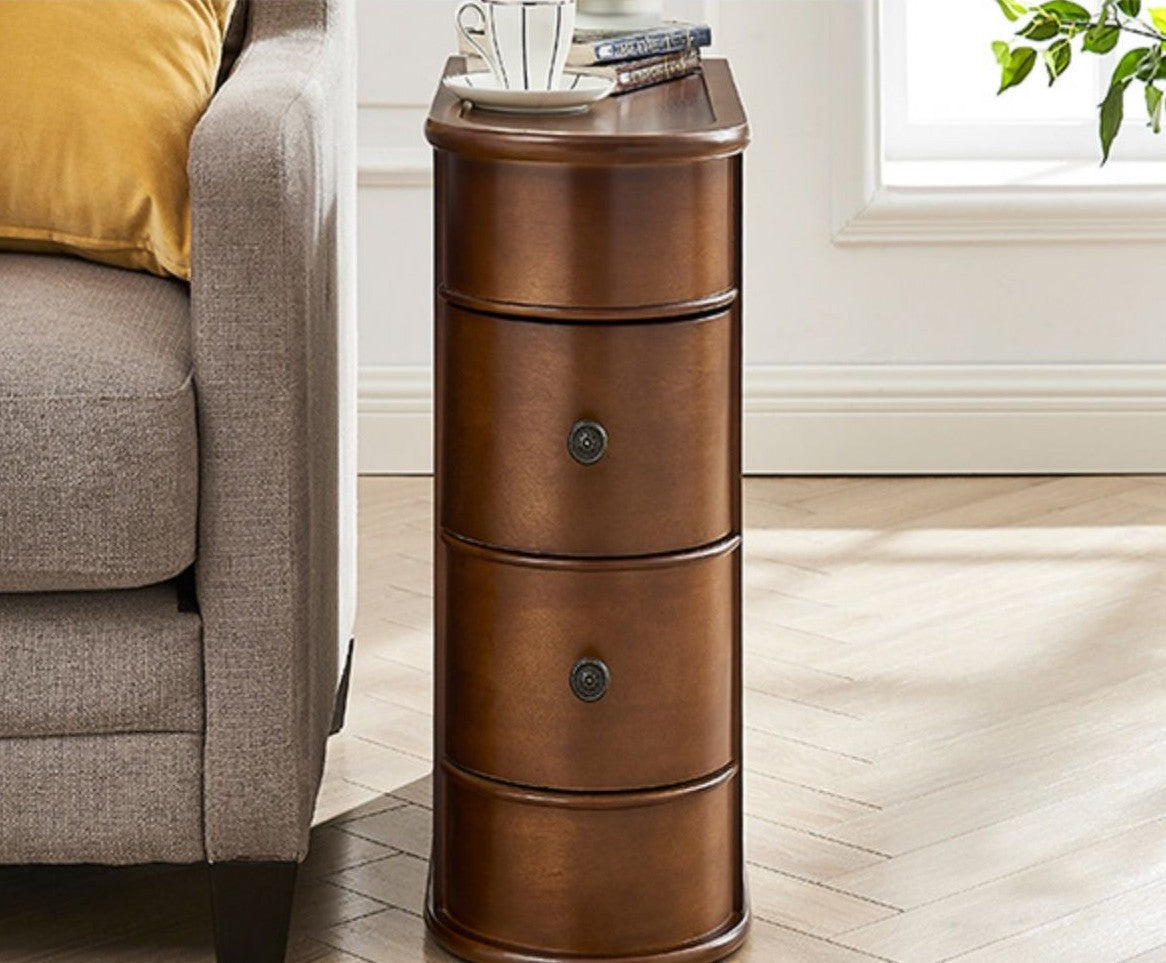 European Style Walnut Finish Sofa Side Table, Small Solid Wood Nightstand with Two Drawers for Living Room, Bedroom, Corner Accent