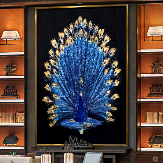 Luxury Hand-Painted Blue Peacock Enamel Wall Art – Cloisonné-Style Painting with Brushed Gold Aluminum Alloy Frame for Entryway, Living Room, or Dining Room
