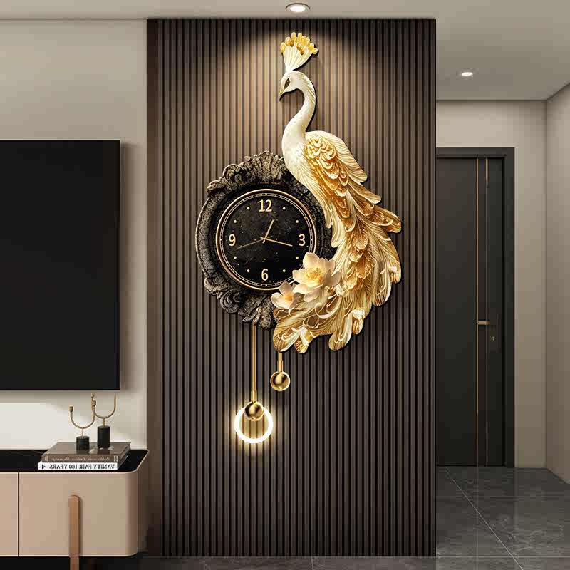 Luxury 3D Peacock Wall Clock with Crystal Accent, Remote-Control LED Decor Light, Elegant Resin Wall Art for Living Room and Dining Room