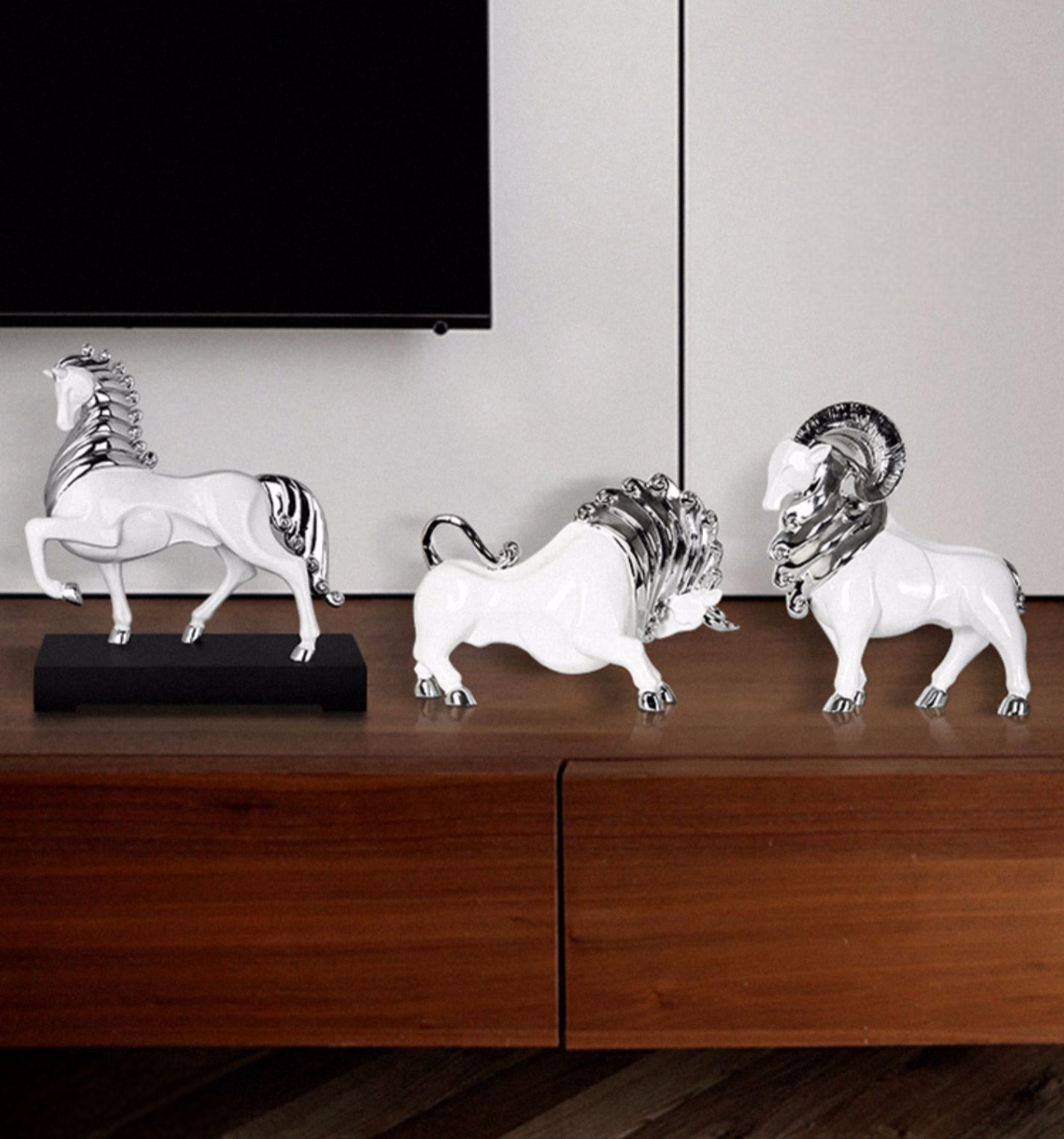 Zodiac Animal Figurine Set – Silver Resin Horse, Ram, and Bull Decorative Sculptures for Home, Entryway, or Office Décor