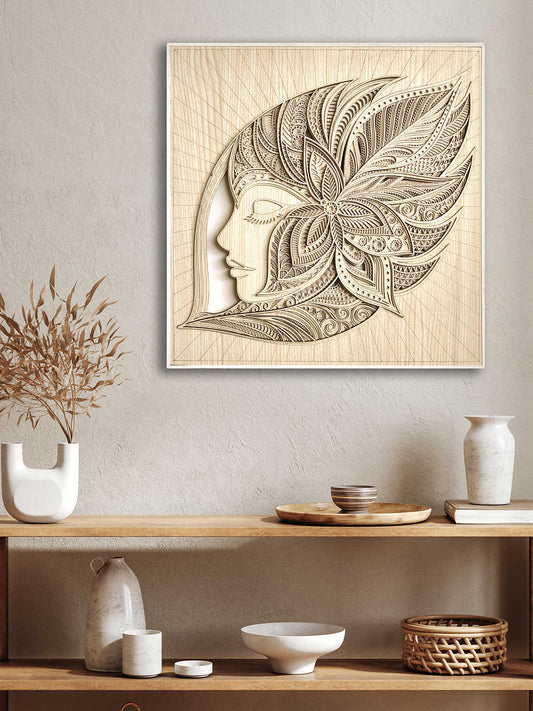 Intricate Layered Wood Art Wall Decor – Modern Female Face Sculpture, 3D Creative Hanging for Living Room, Dining Room, Entryway – Natural Wood with Aluminum Alloy Frame