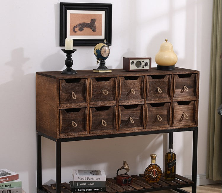 Industrial Rustic Entryway Console Cabinet, American Style Solid Wood Storage Chest with Metal Frame, Bedroom Nightstand, Living Room Side Table