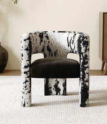 Modern French Cream Style Accent Chair, Trendy Black and White Upholstered Armchair with Curved Backrest, Designer Sofa Chair for Living Room, Dining, Hotel