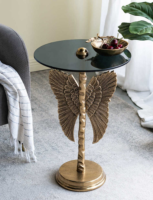 Luxury Fairy Wing Side Table, Modern Gold Angel Accent Coffee End Table with Glass Top, Living Room/Bedroom/Nightstand Furniture