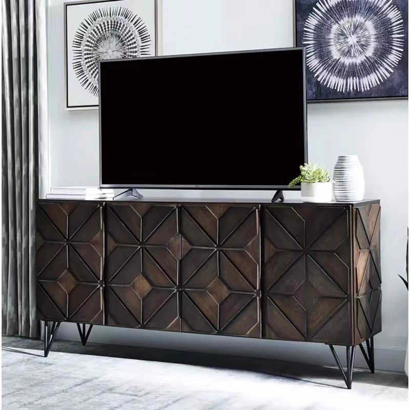 American Vintage Geometric TV Console with Diamond Pattern Relief & Hairpin Legs, Distressed Wood Entertainment Center