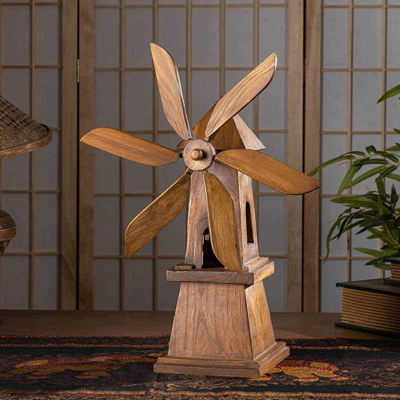 Thai Handcrafted Wooden Windmill Desktop Sculpture, Traditional Wood Carving Home Decor for Living Room & TV Cabinet Display