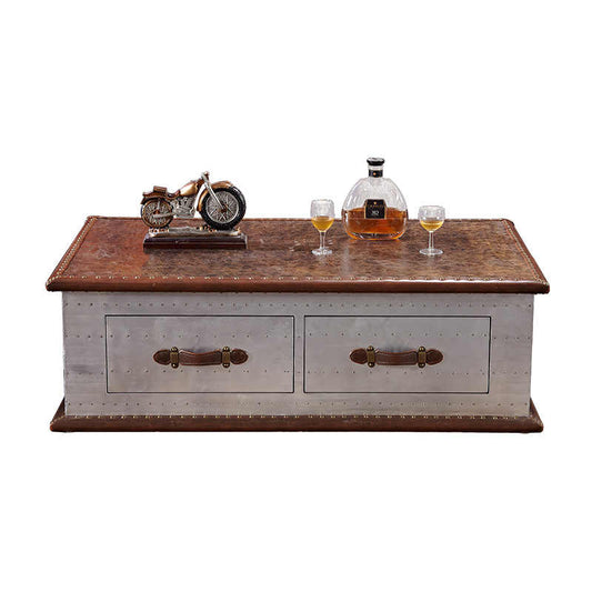 Vintage Industrial Aviation Coffee Table – Metal & Leather Trunk-Style Storage Coffee Table with Rivet Details, Designer Furniture for Modern Living Spaces