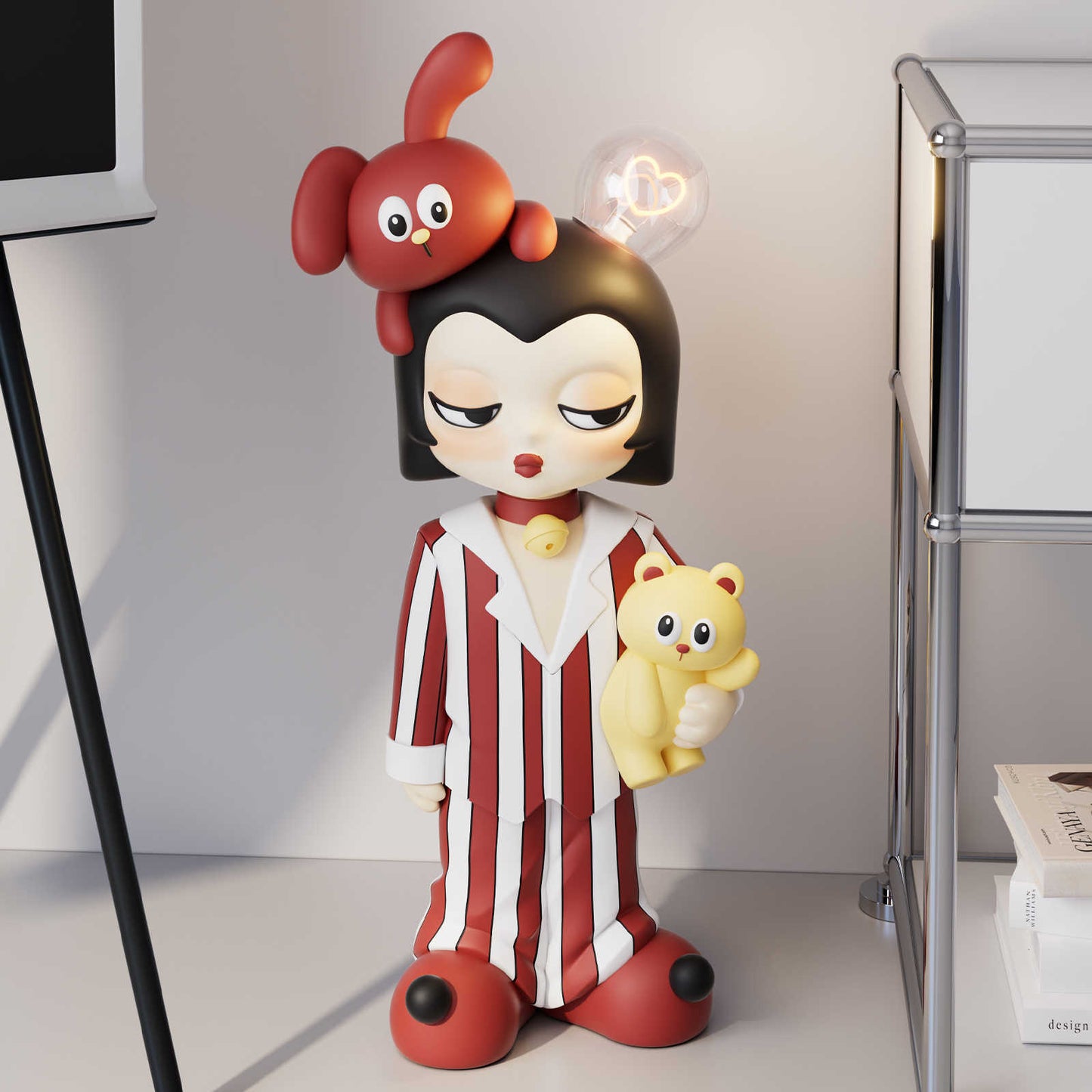Large Red Sleepy Girl Resin Sculpture Table Lamp, Modern Cartoon Decorative Figurine, Trendy Entrance TV Cabinet Display, Ambient Floor Art for Living Room Streamer Setup