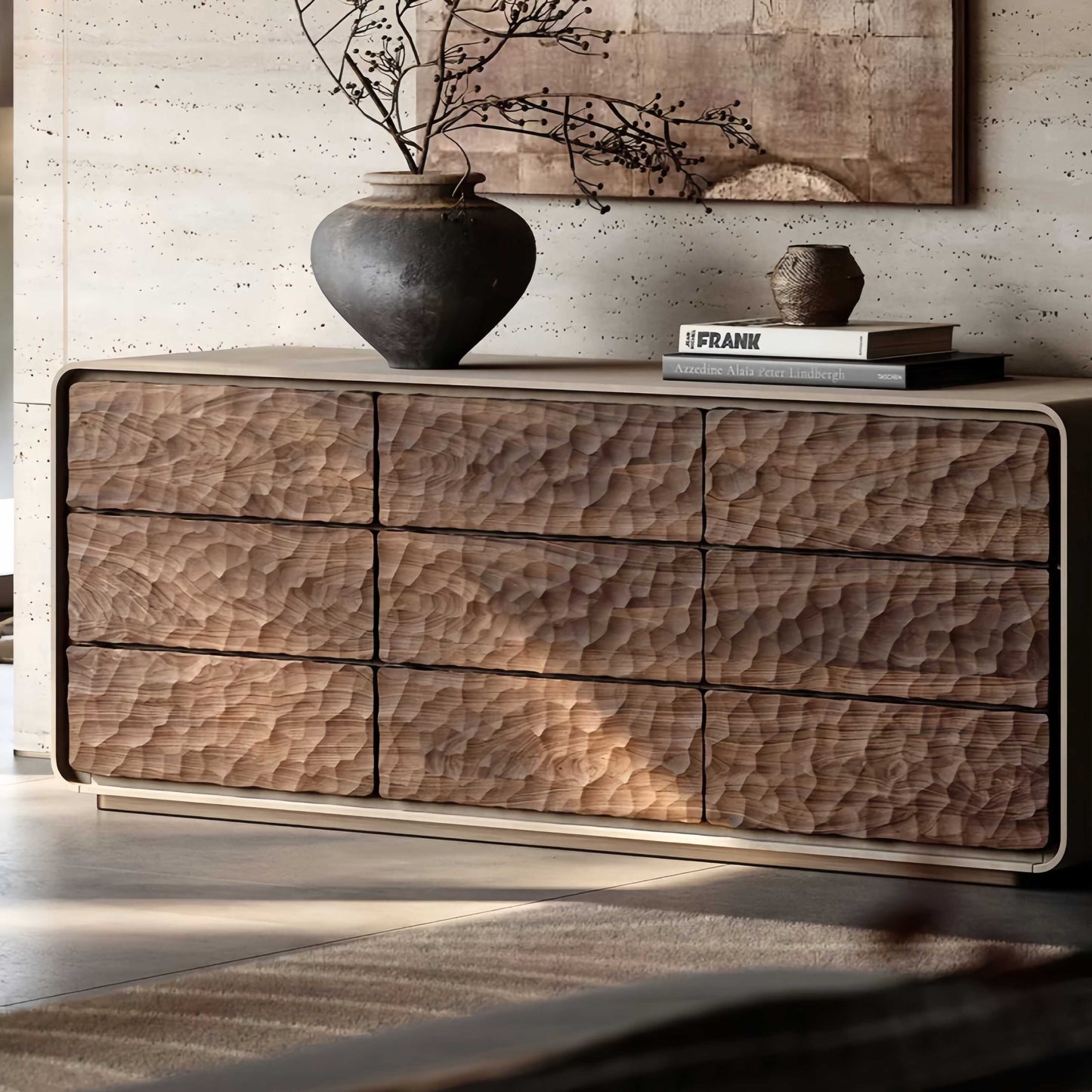 Vintage Solid Wood Hammered Texture Sideboard, Designer Buffet Storage Cabinet for Living Room Entryway, 8-Drawer Modern Chest