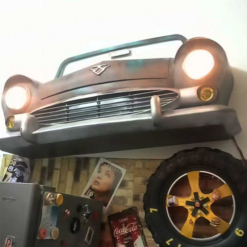 Vintage Industrial Metal Car Wall Art – Large 3D Classic Car Front Hanging, Retro Bar & Restaurant Decor, Handcrafted Storage Box Prop with Lights