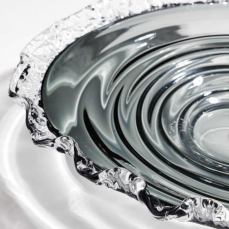 Premium Gray Crystal Glass Oval Fruit Bowl, Large Pleated Edge Design with Wave Pattern Base, Luxury Serving Dish for Fruits & Snacks