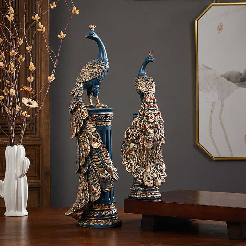 Creative Peacock Statue Set, High-End Living Room & Office Wealth Decor, Entryway Niche Art Ornaments (Tall + Short Pair)