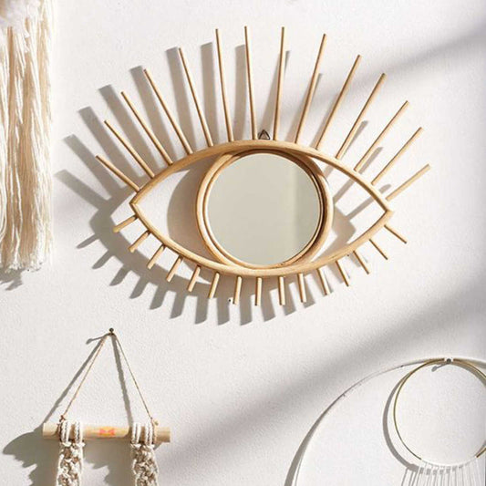 Evil Eye Rattan Wall Mirror – Handcrafted Boho Sunburst Eye, Decorative Hanging Vanity Accent, Vintage Resort Home Decor