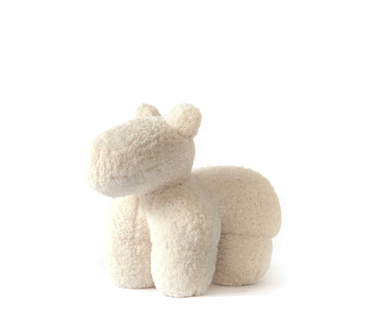 Rona Vintage Pony Chair Ottoman, Cream White Faux Lamb Wool Teddy Bear Footstool, Mid-Century Lounge Chair Accent Piece
