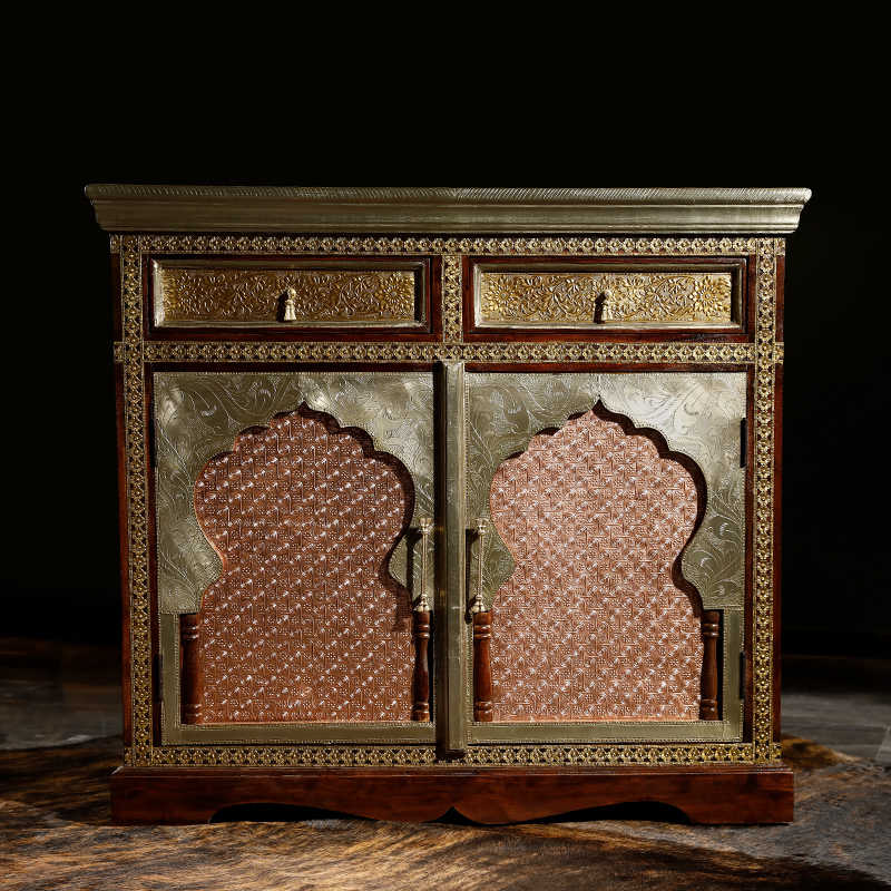 Indian Brass-Inlaid Rosewood Storage Cabinet with Moorish Arched Doors, Handcrafted Console with Intricate Metal Work & Traditional Jali Panels