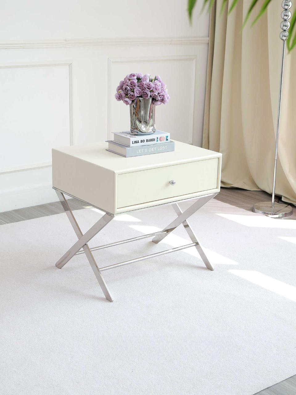 Luxury Large White Bedside Table, Modern High-End Nightstand with Drawer for Villa & Master Bedroom