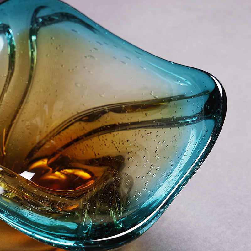 Luxury Modern Gradient Glass Square Fruit Bowl, Contemporary Teal to Amber Crystal Serving Dish for Living Room, Creative Home Décor Snack Plate