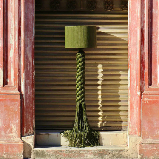 Vintage Country Green Cotton Floor Lamp, Artistic Minimalist Living Room/Study Standing Light, Creative Carved Wood Fiber Lamp with Boho Braided Tassels