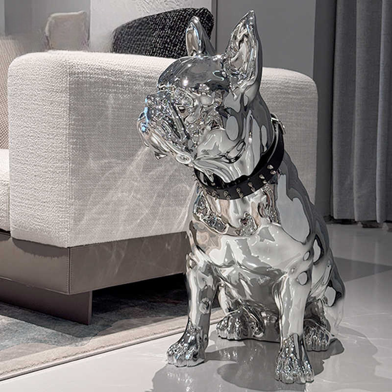 Luxury Chrome Bulldog Sculpture, Large Modern Floor Decor Statue for Living Room & High-End Home Interiors