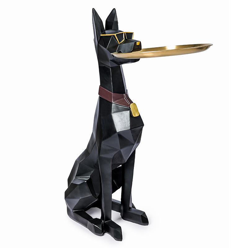 Large Geometric Doberman Side Table with Storage Tray, Polygonal Dog Sculpture for Entryway & TV Console