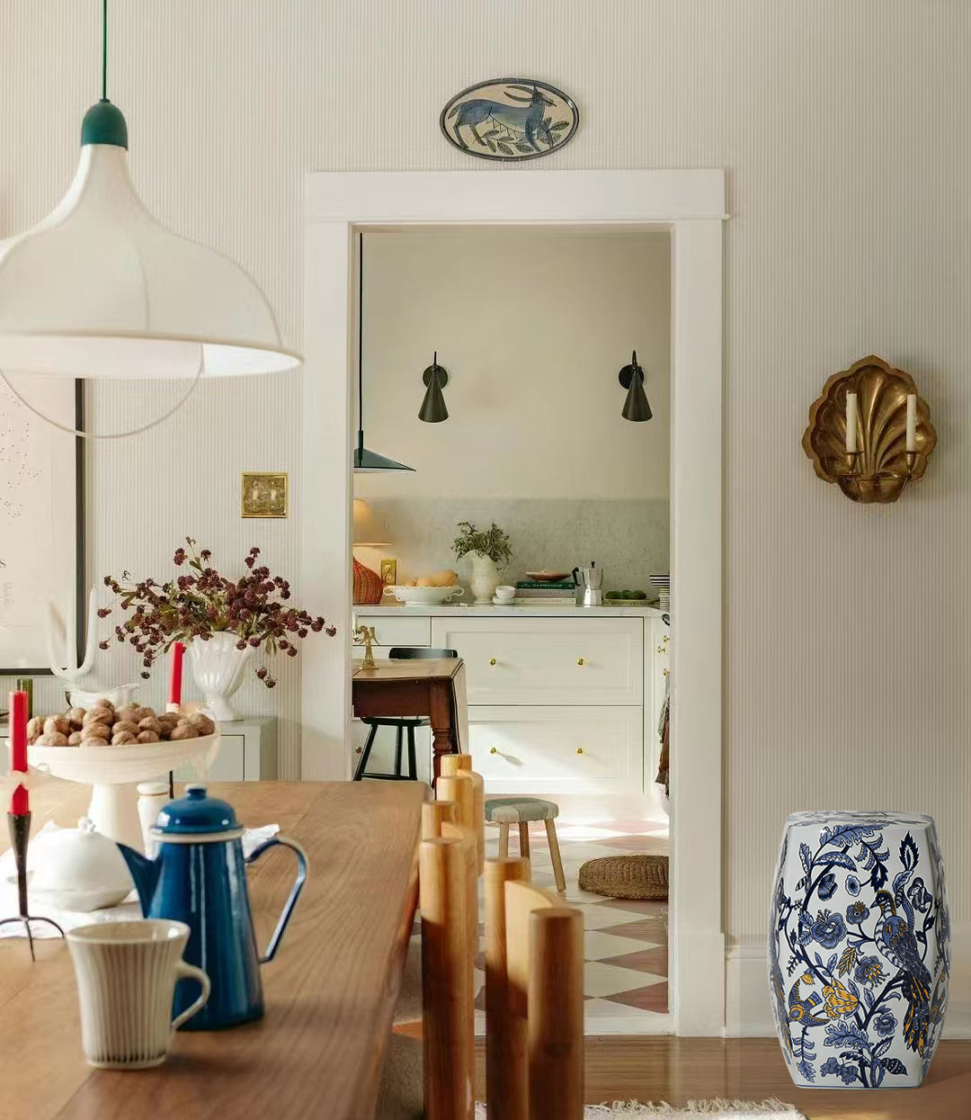 Hand-Painted Blue & White Porcelain Garden Stool, Traditional Ceramic Drum Seat with Botanical Motifs, Multi-Function Side Table & Stool