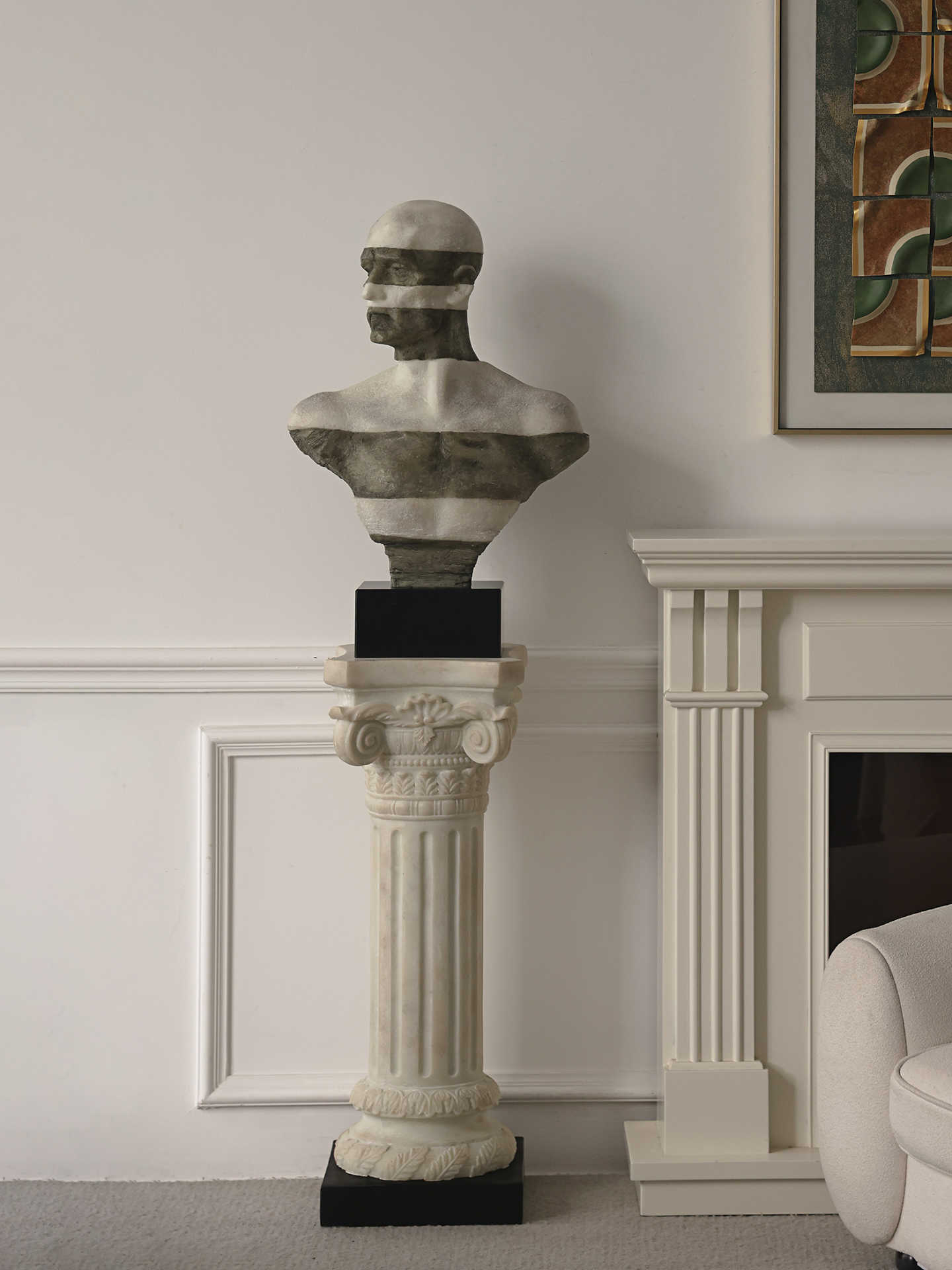 Designer Vintage Half-Body Bust Sculpture, Artistic Statement Pedestal for Entryway, Living Room, or Hotel