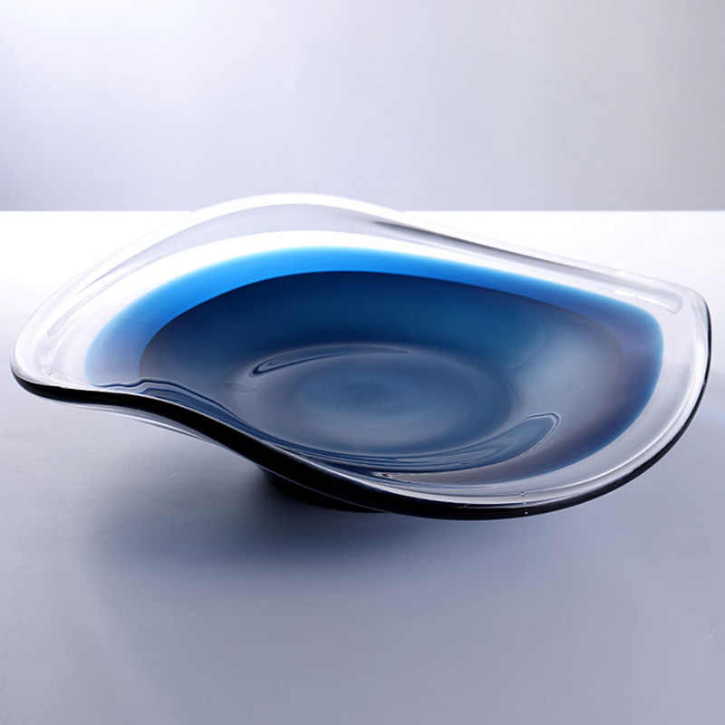 Modern Minimalist Blue Art Glass Fruit Bowl, Contemporary Organic Wave Design Serving Dish for Living Room Dining Table, Large Crystal Centerpiece