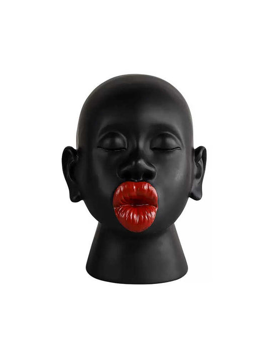 Black Portrait Bust Sculpture with Red Lips – Modern African-Inspired Art Figurine for Living Room & Desktop Display