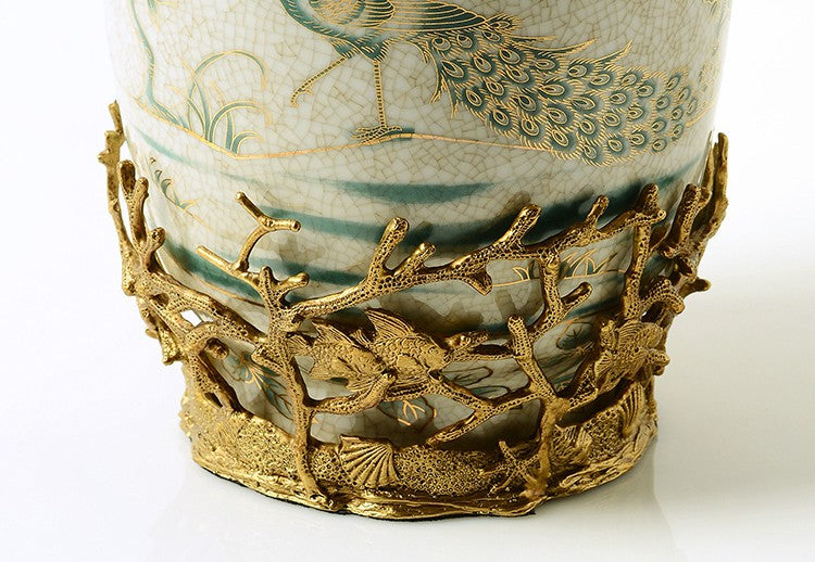 Peacock Decal Porcelain and Brass Vase, Creative Table Flower Vase with Gold Accents for Living Room, Entryway, and Model Home