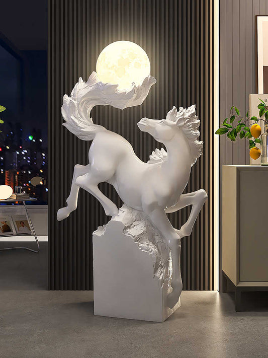 Large Horse Success Sculpture with Moon Lamp – Luxury Living Room Floor Decor, Luck & Housewarming Gift