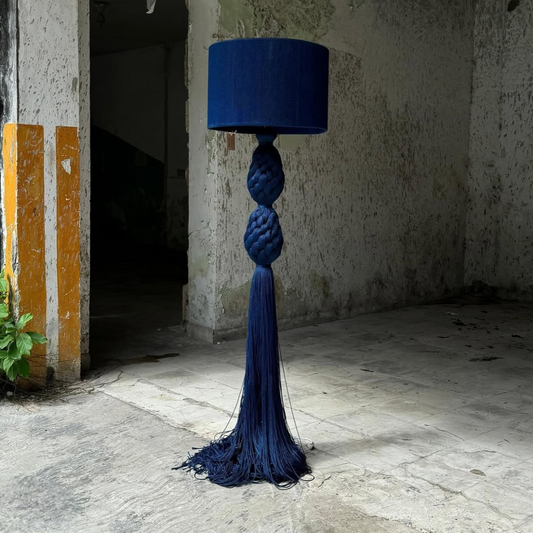 Vintage Country Blue Cotton Floor Lamp, Creative Minimalist Living Room/Study Standing Light, Artistic Carved Wood Fiber Lamp with Boho Tassels